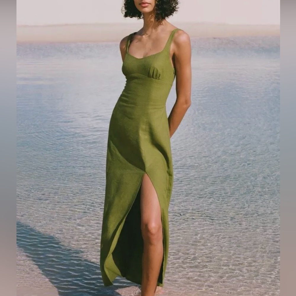 Zara Olive Maxi Dress with Slit - Picture 2 of 8